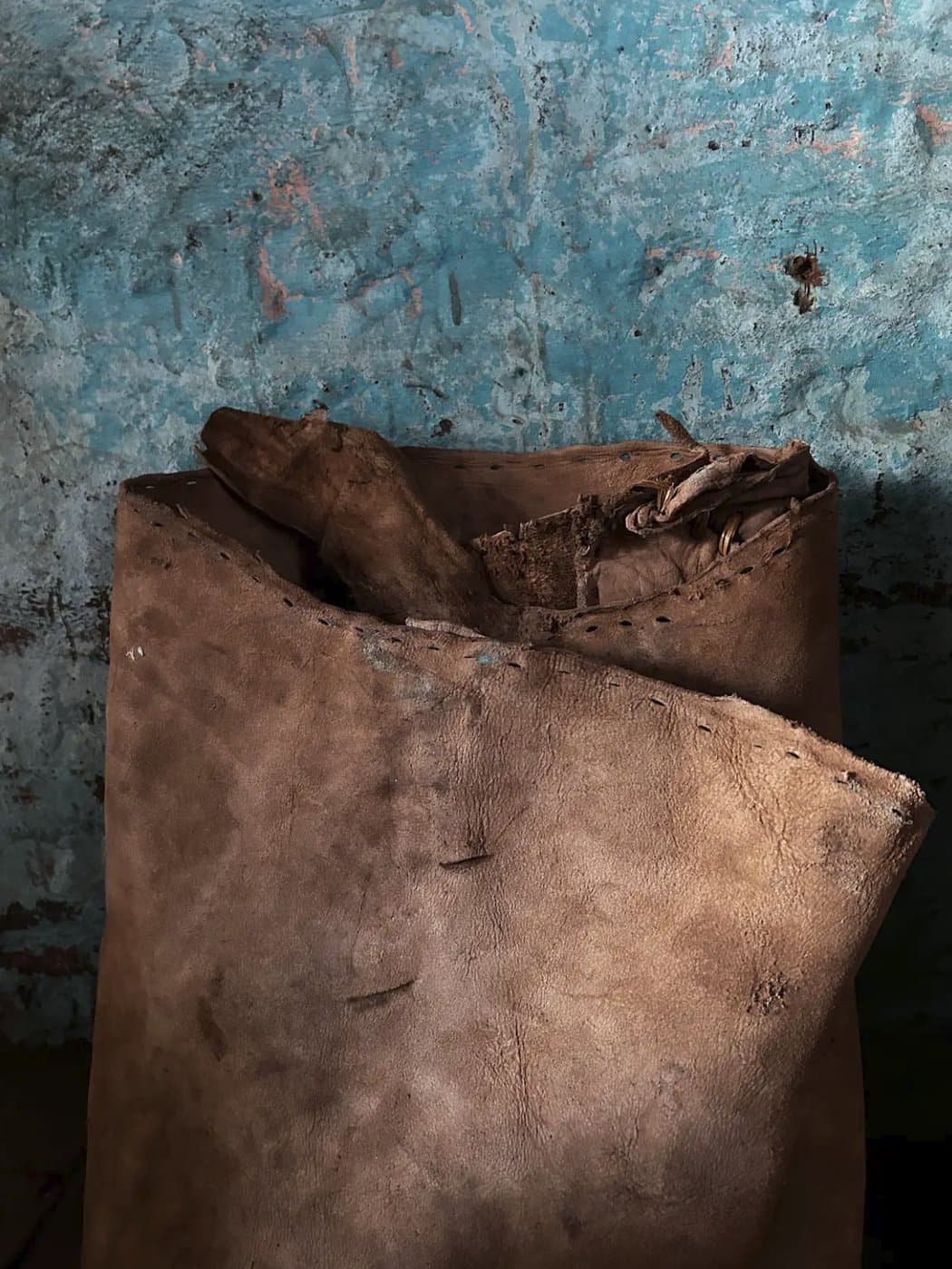 Unprocessed leather hides stored inside a traditional leather workshop, Kandela village, Jind district, Haryana.