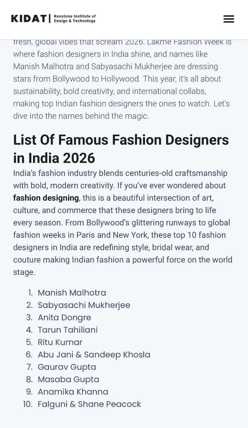 Screenshot of a published list of prominent Indian fashion designers commonly associated with the country’s luxury fashion industry.